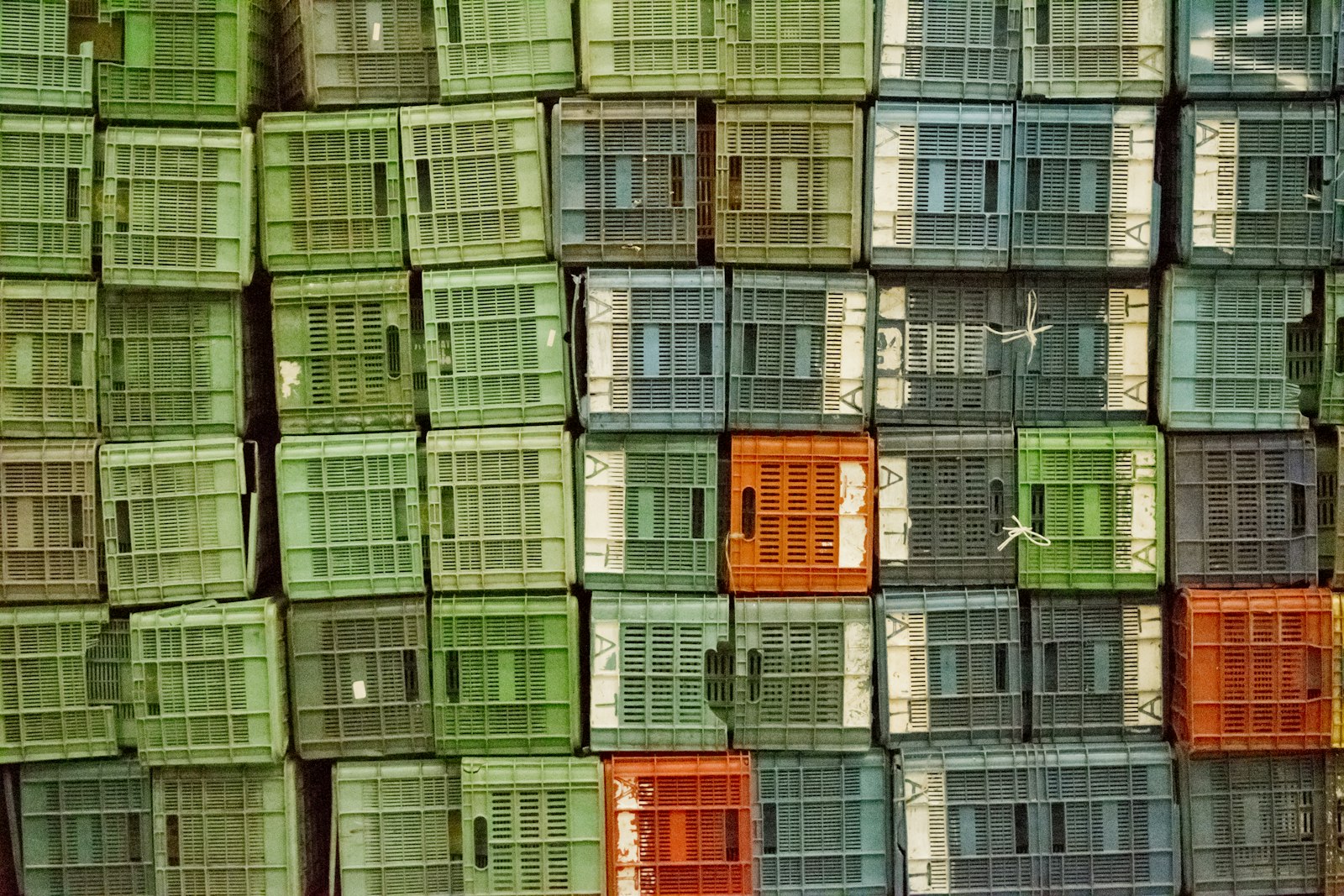 Stacked plastic produce crates, mostly green with a few orange