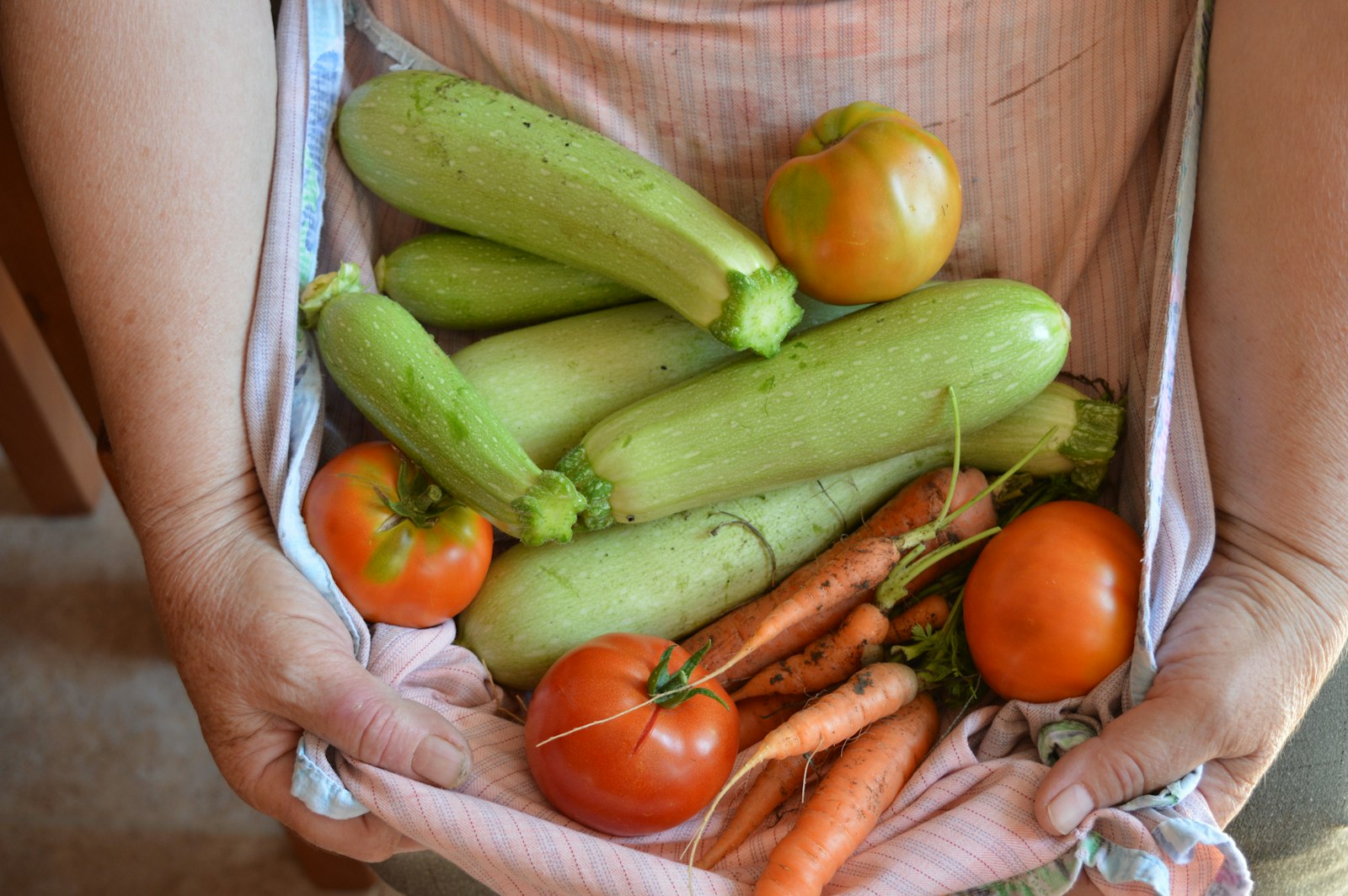 Hands holding fresh courgettes, tomatoes and carrots